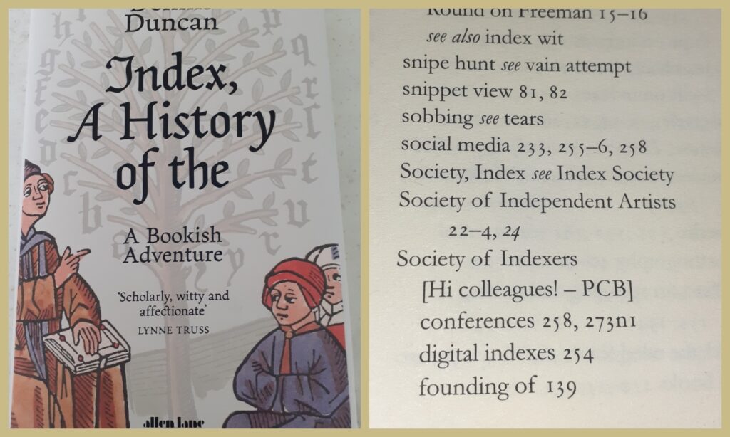 Paula Clarke Bain (PCB) has included jokes and messages in the index of Dennis Duncan's Index, A History of the
