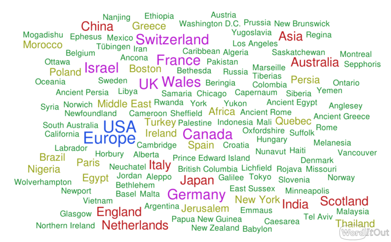 a word cloud of place names from around the world