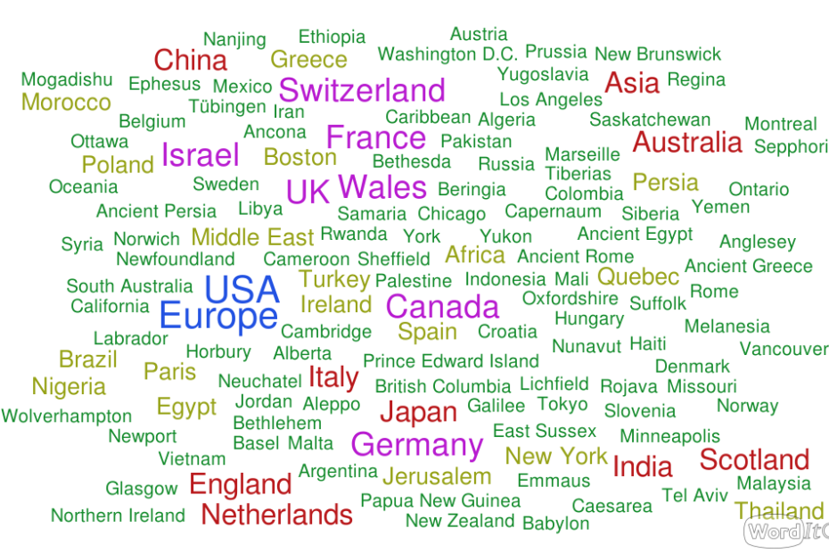 a word cloud of place names from around the world