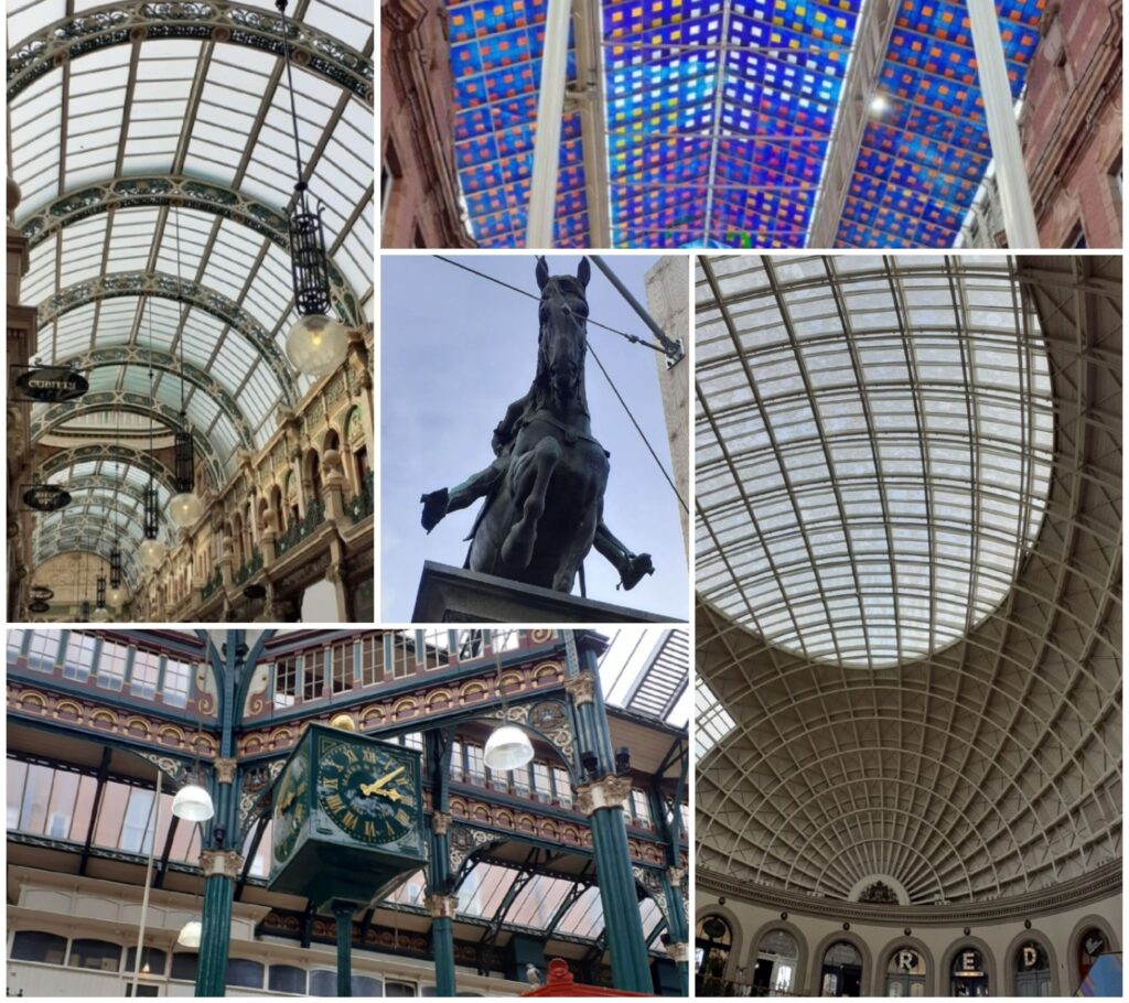 a collage of Leeds landmarks, the Black Prince statue, arcade roofs, Corn Exchange roof, market clock