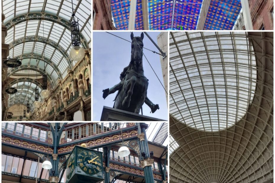 a collage of Leeds landmarks, the Black Prince statue, arcade roofs, Corn Exchange roof, market clock